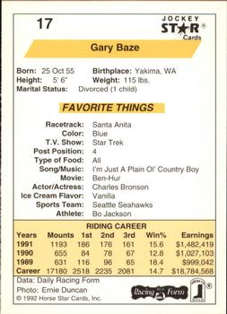 1992 Jockey Star #17 Gary Baze Back